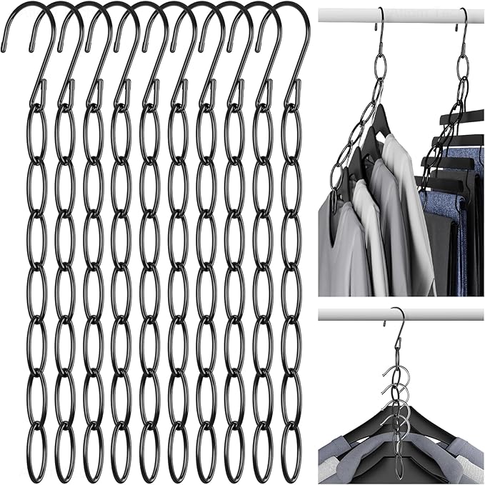 NiHome Clothing Chain Hangers 10-Pack, Space Saving Metal Closet Organizer | Portable 7-Loop, Safety Cap, Collapsible & Wrinkle-Free For Travel, Dorm, RV, Black