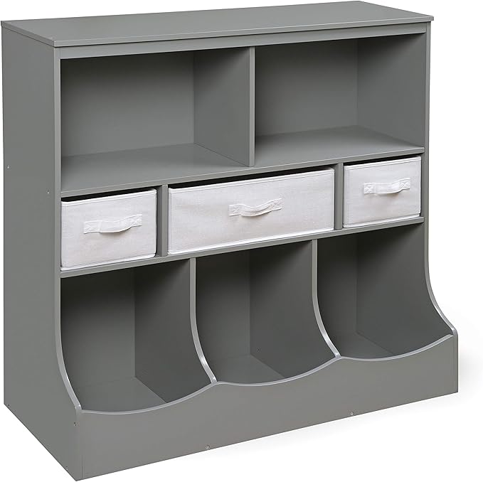 Badger Basket Combo Toy Storage Organizer and Bookshelf - Kids Storage Unit with 3 Removable Baskets, Open Shelves, Top Display Surface - Gray