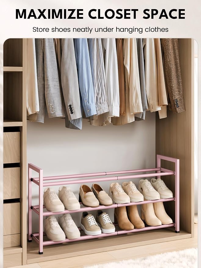 Bumusty 3-Tier Expandable Shoe Rack for Closet, 18“-33” Adjustable Shoe Rack for Small Space, Small Shoe Organizer for Front Door, Sturdy Metal, Pink