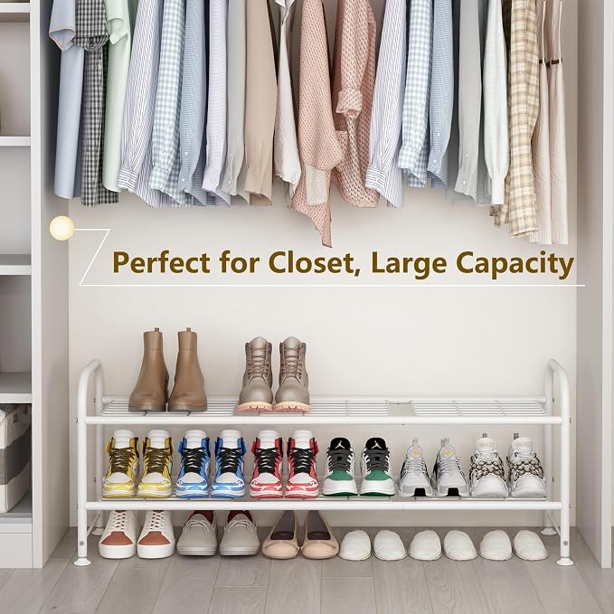 LINZINAR 2 Tier Long Shoe Rack for Closet Metal Shoe Organizer for Entryway | Spacious design stores 15+ pairs of shoes,durable metal frame,space-saving organizer for closet, hallway, and Entryway White