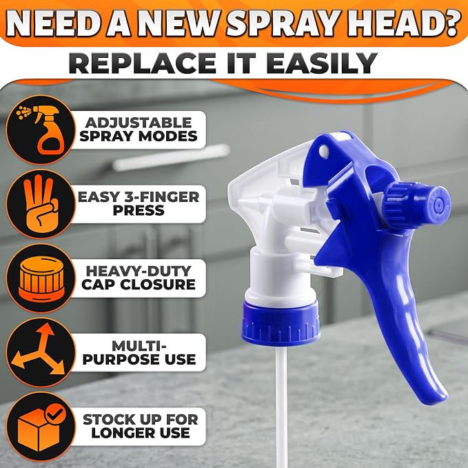 Spray Bottle Nozzle Replacement 12 Pack, Fits 8-32oz Bottles (Blue) | Replacement Trigger Sprayer Heads for Bottles; Fits 28-400 Thread, Trim-to-Fit Tube; for Cleaning, Garden & Pet Carefor