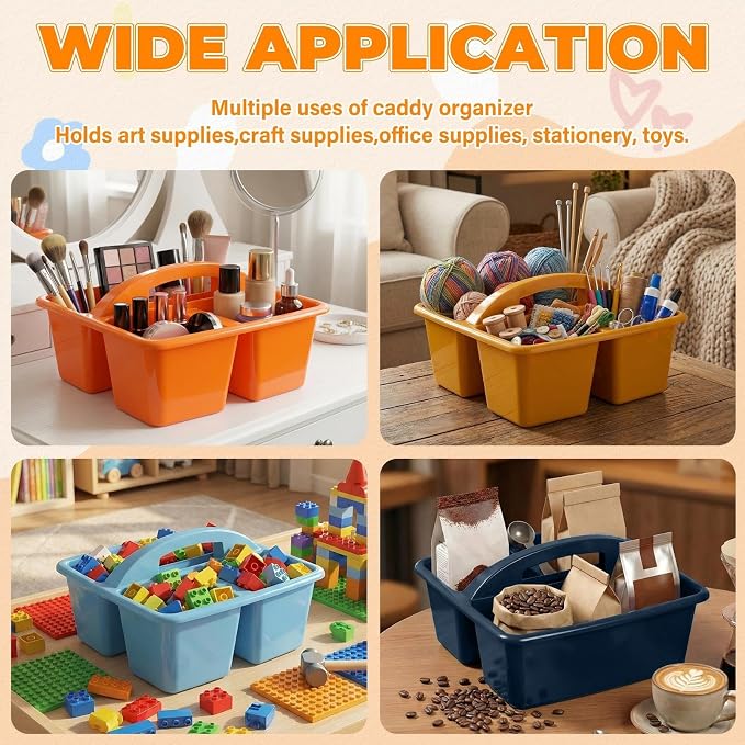 Kathfly 4 Pack Classroom Caddy Organizer with Handle, Plastic Art Craft Cleaning Caddy Bulk, Small Multipurpose Supply Organization Storage Basket for Table Desk Office Pencil Teacher (Blue Orange)