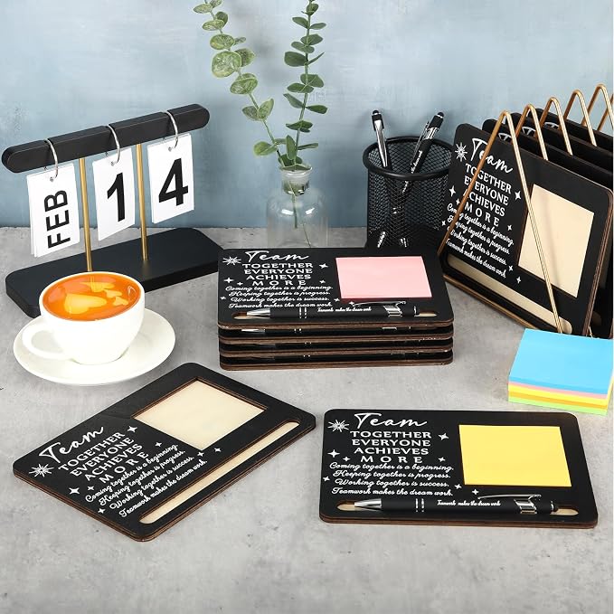 Kosiz 10 Set Back to School Teacher Gifts Wooden Sticky Note Holder with Notes and Ballpoint Pens Inspirational Sticky Notes Sets for Teacher Back to School Party Supplies, Black