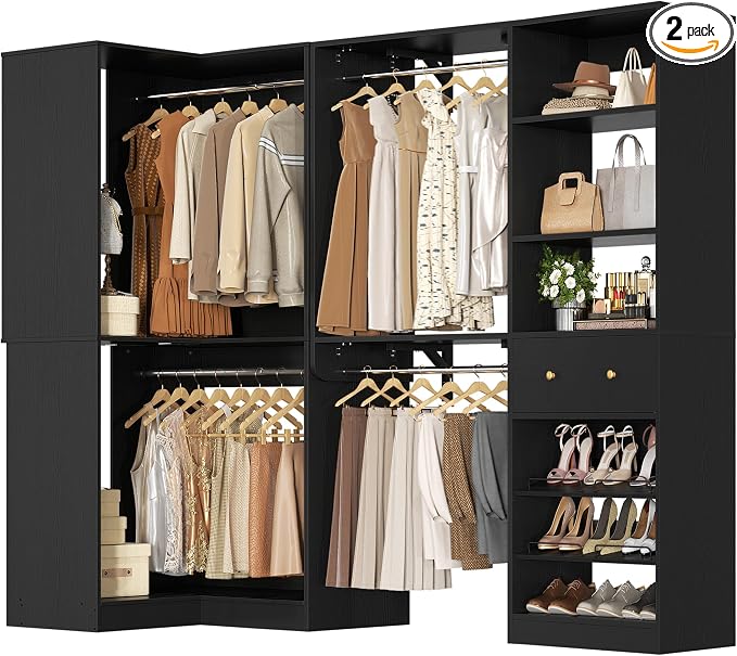 Armocity Closet System Set of 2 - Corner Closet Organizer System with Drawer/9 Shelves/4 Hanging Rods, 91.3" L-Shaped Walk-In Wardrobe Organizer, 1800+ lbs Capacity, Black