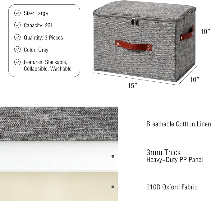 3PCS Storage Bins Boxes with Zippered Lids Cotton Linen Fabric Decorative Basket PU Leather Handles PP Plastic Board Foldable Lidded Clothing Shelf Closet Organizer Container (Gray, Large)