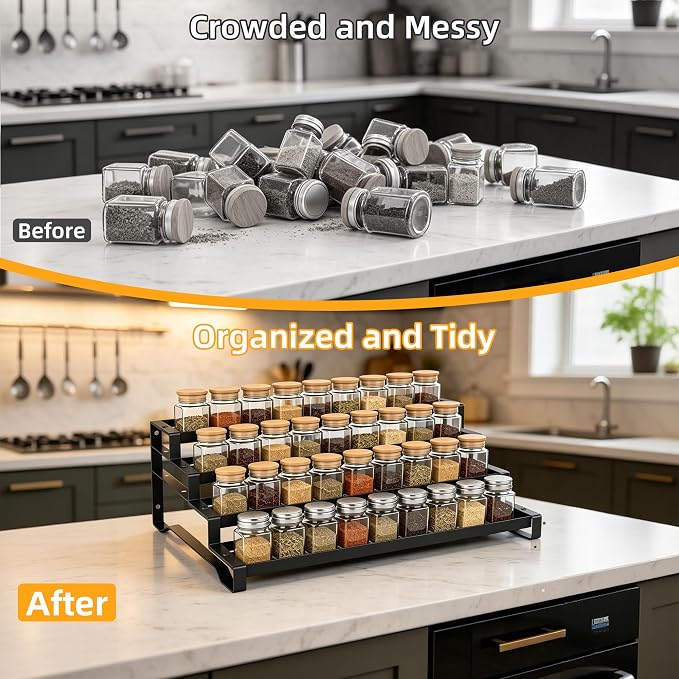 4-Tier Spice Rack Organizer, 13"-21.5" Expandable Spice Organization Shelf, Metal Seasoning Organizer for Kitchen Countertop or Pantry, Slip-Resistant Design for Jars and Bottles, Black