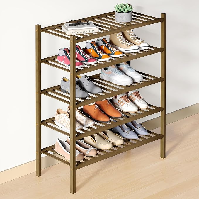 Smiry Bamboo Shoe Rack for Closet, 5 Tier Wooden Shoe Organizer, Stackable Wood Shoe Storage Shelf for Entryway, 14 Vertical Slats, 2+3 Stack Heavy-Duty Legs, 26.77"x11.02"x31.3", Walnut
