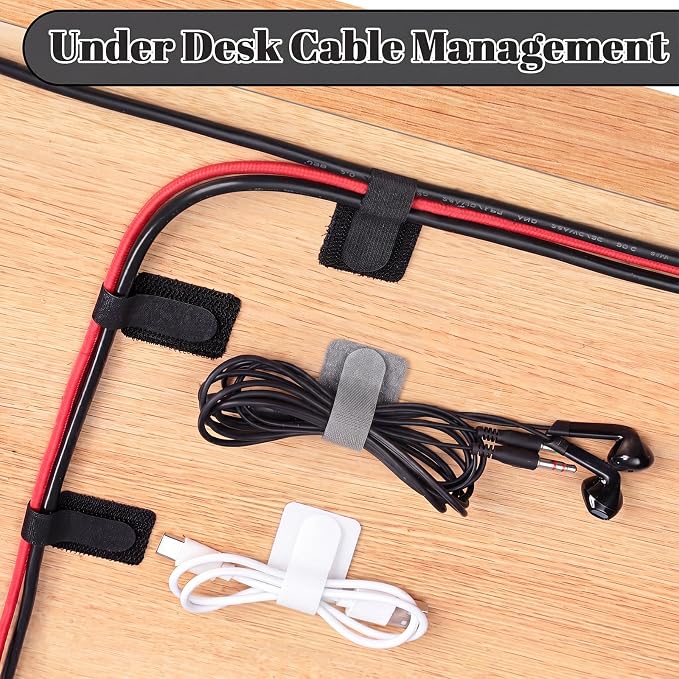 100PCS Cable Management Under Desk, Hook and Loop Cable Straps Self Adhesive Cable Organizer, Reusable Cable Ties for Cords Home Office TV Computer Car Wire Organizer, Black