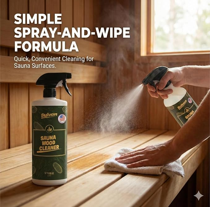 Sauna Wood Cleaner 32 oz | US Made | Sauna Spray | Hemlock, Pine, Cedar | Removes Stains, Sweat & Odors | Fast-Drying & Streak-Free Formula | Natural Wood Cleaner | Long Lasting