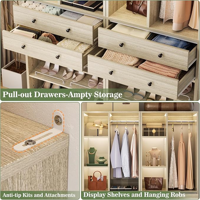 Besiost Closet System, 84"/7 FT Closet Organizer System with Drawers and Shelves, Walk-in Closets Systems, Free Standing Reach in Closet Tower, Load 1800+LBS, Greige 3 Pack