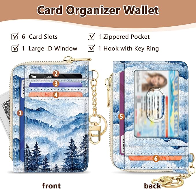 GIANCOMICS Slim Wallet Credit Card Holder Women, Hoarfrost Ink Painting Rfid Small Card Case, Keychain Thin Pocket Curved Zipper Wallet, Travel Card Holder PU Leather ID Window, Ladies Female Gifts