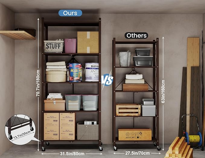 ALANNG 70.7" H Metal Storage Shelves, 5 Tier Folding Shelf on Wheels | Heavy Duty, No Assembly, Rolling, Collapsible Rack Unit for Kitchen, Basement, Pantry (Vintage Brown,3 Pack)