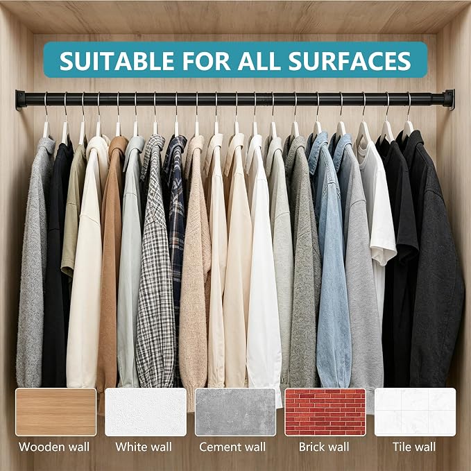 STARLATTA Heavy Duty Black Closet Rod: 17-69 Inch Stepless Adjustable Clothes Hanging Bar, 1.3" Diameter Metal Wardrobe Pole with Brackets, No-Cut, for Laundry & RV