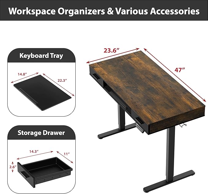 SHW 48-Inch Electric Height Adjustable Desk w/Keyboard Tray, Rustic Brown | w/ 2 Drawers | Memory Presets and Cable Management | Hanging Hooks