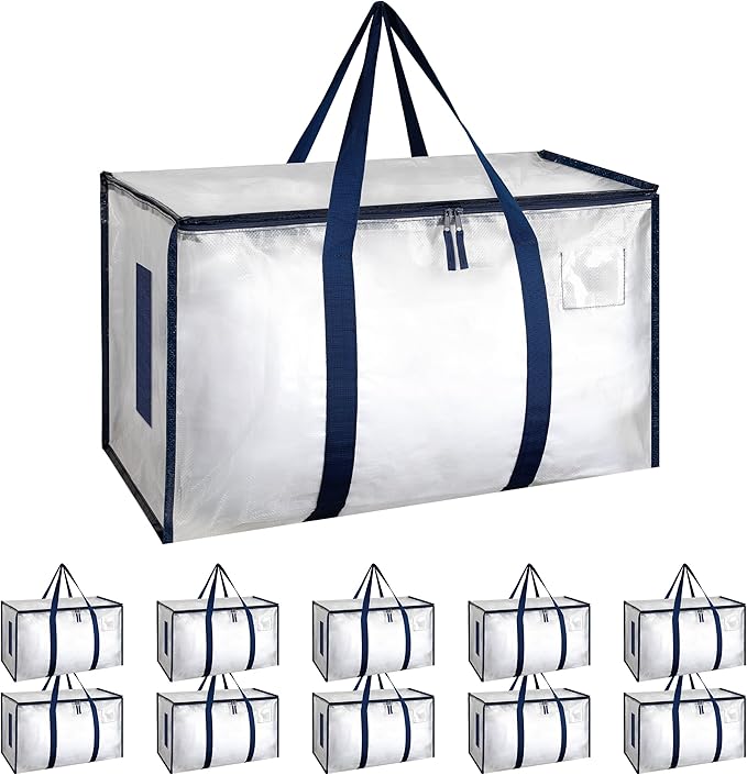 Simple Deluxe 10 Pack Extra Large Moving Bags with Lids, Reinforced Handles and Zippers, Heavy Duty Storage Tote For Moving Travel Camping Space Saving, White