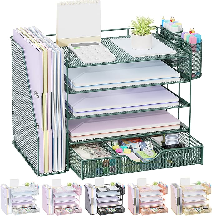 gianotter 5-Tier Desk Organizer with Drawers, File Holders, Letter Trays and Pen Holders - Workspace Accessories for Office Supplies (Green)