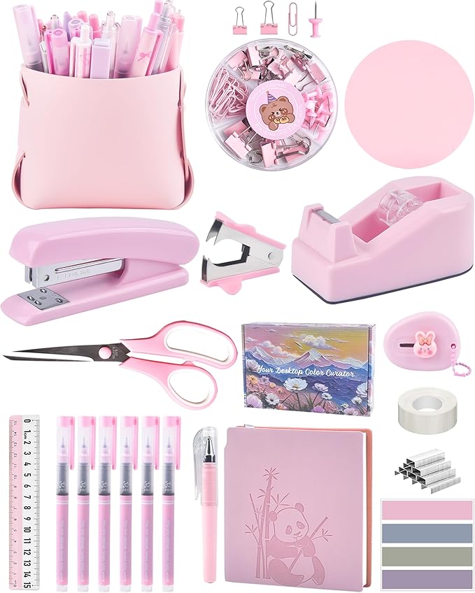 Pink Desk Accessories, Pencil case, Stapler, Pen and a Lot of Office Pink Office Supplies Beautifully Presented in a Gift Box