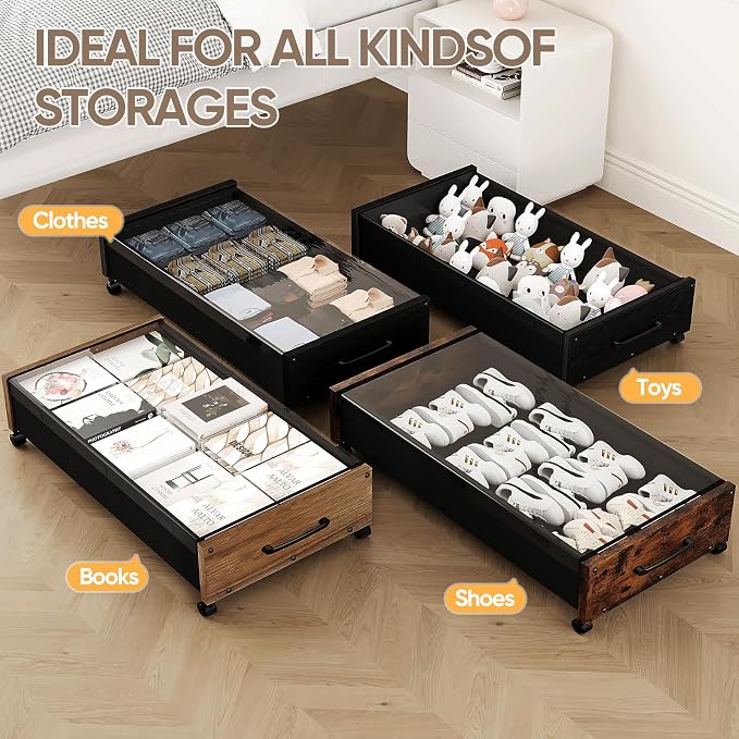 KITHELP Wooden Under Bed Storage with Wheels, Rolling Under the Bed Storage Bins with Removable Lid, Metal Under Bed Drawers for Clothes and Shoes in Bedroom or Living Room(Black Wood-2pack)