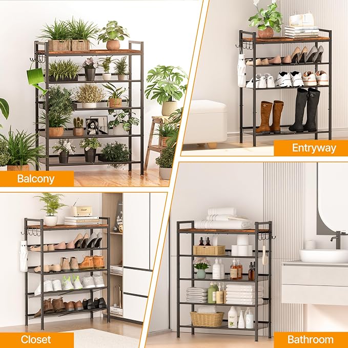 3 Tier Shoe Rack, Shoe Rack for Entryway with Hook, Shoe Organizer with Adjustable Mesh Shelves, Metal Shoe Storage, Closet, Bedroom Living Room Garage