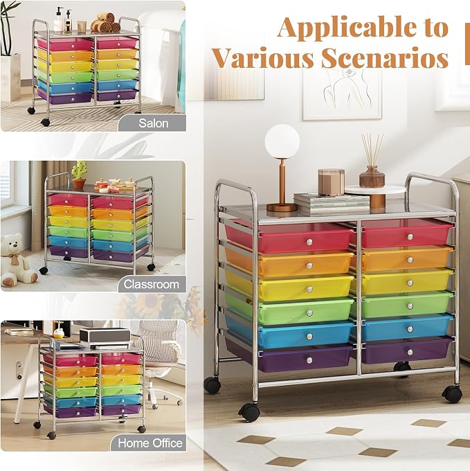 COSTWAY 12-Drawer Rolling Storage Cart, Utility Storage Organizer Cart | For Tools, Scrapbook, Paper, Craft, Multipurpose Art Supply Organizer on Wheels for Home Office School, Teacher, Rainbow