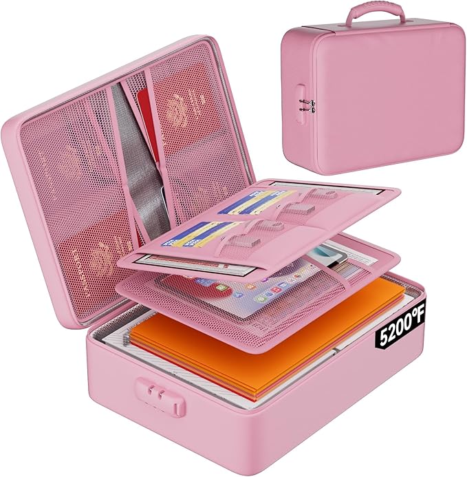 DocSafe 5200°F Fireproof Document Organizer Box with Lock, Pink (Soft) | Heat Insulated 8 Layers File Protection Bag,Water-Resistant Zipper,Portable Home Office Travel Safe Storage for Files,Laptop