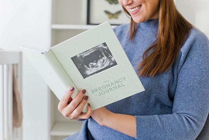 Pearhead My Pregnancy Journal, Guided Pregnancy Memory Book with Sonogram Photo Insert, Trimester Milestone Tracker & Keepsake for Expecting Moms, Baby Shower Gift, Sage Green Leaf