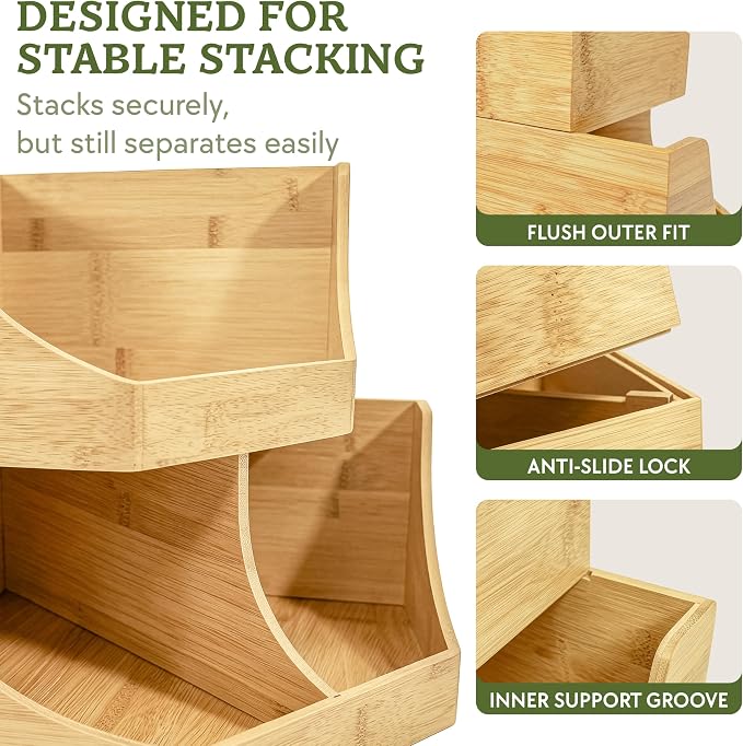 HOMESTEAD Bamboo Corner Storage Bin, 2-Tier Stackable Potato and Onion Storage Bin for Kitchen Counter Corner Shelf, Wooden Produce Storage Pantry Organizer, Fruit & Vegetable Holder, Large