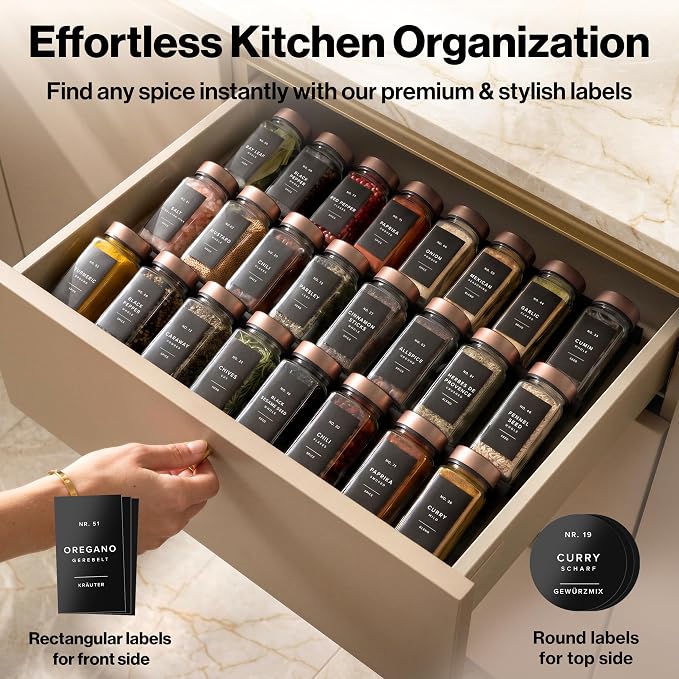 EDELHAUS Glass Spice Jars with Label, 24x Champagne Bronze Steel Lids | Airtight Lids keep spices fresh, Kitchen Spice Drawer Organizer, 4oz Seasoning Containers incl. Funnel, Brush & 240 Labels