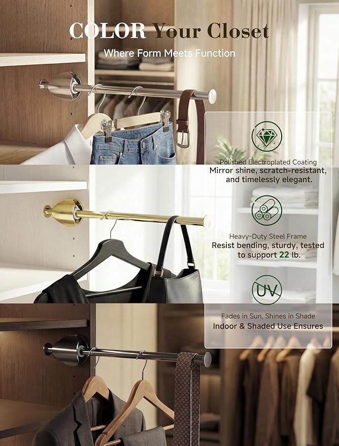 INMAKER Valet Rod for Closet Slide out | Pull out to 9.5" Hanger Rod for ≥12" Deep Closet, Polished Gold, 1 Pack