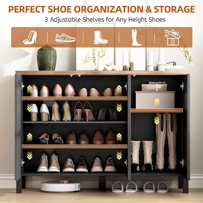 Vlsrka Shoe Cabinet with 3 Doors, Narrow Wooden Shoe Cabinet, Hidden Shoe Storage for Entryway, Foyer, Hallway