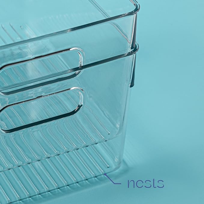 Plastic Food Storage 8 Pack Clear Container Bin with Handles for Organizing Kitchen, Pantry, Refrigerator, Freezer, Pantry, Cabinet, Closet, Bathroom. 10”x7.5”x5.3”