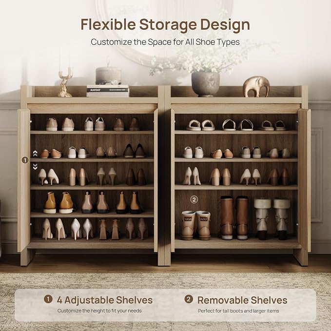SICOTAS Shoe Cabinet - Fluted Shoe Storage Cabinet for Entryway, 48-Pair Shoes Organizer with Doors & Adjustable Shelves, 2 Pieces Large Shoes Rack Entrance Storage Cabinet for Hallway, Living Room