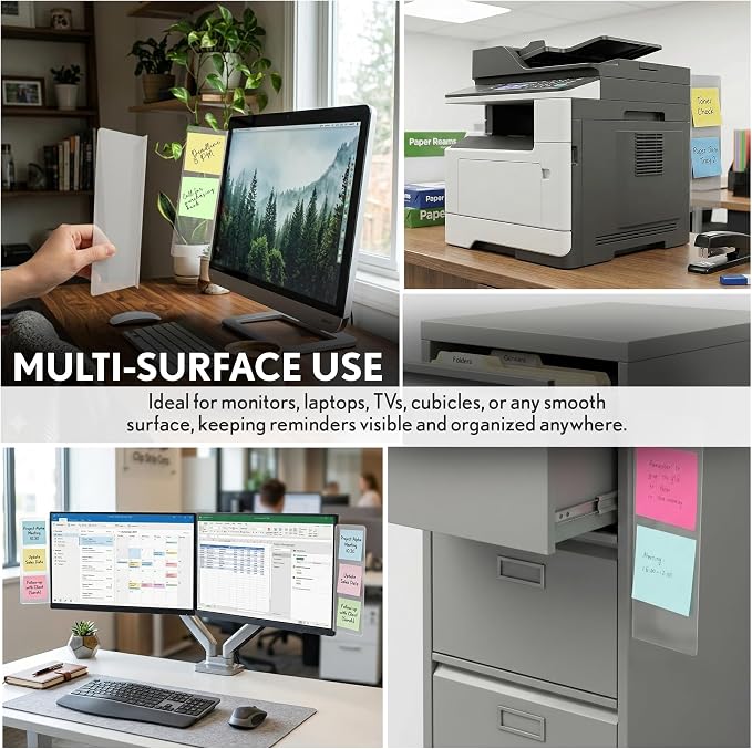 Computer Monitor Memo Board, 4 Pack, Sticky Note Holder, Semi-Transparent Flexible PVC, Monitor Adhesive Message Boards, Desk Accessories & Workspace Organizers, 12" L x 3" W, Non-Acrylic