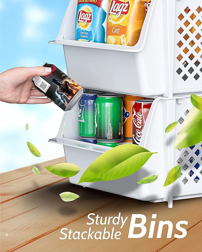TidyFriend Stackable Storage Bins for Pantry - 8 Pack Stackable Bins for Organizing Food, Kitchen, and Bathroom Essentials (White)