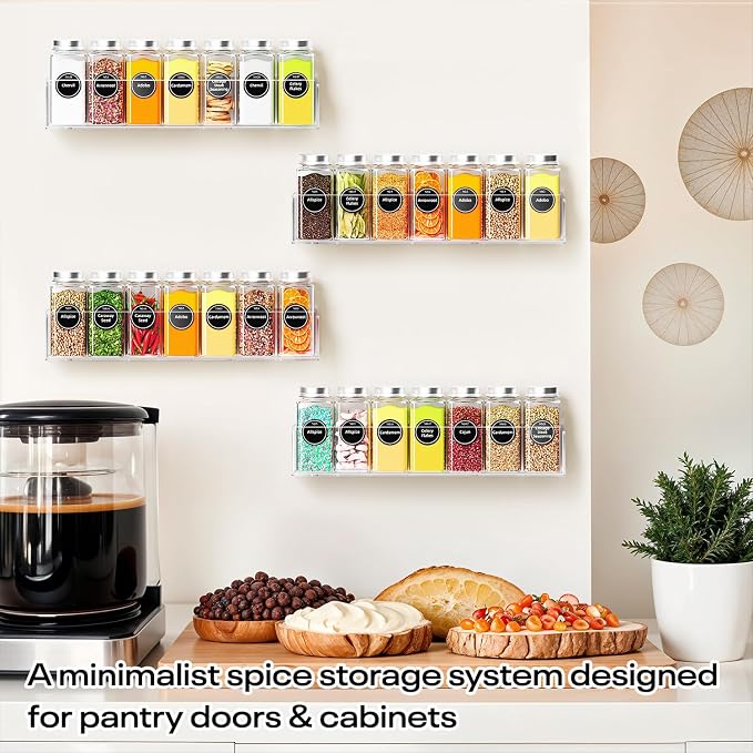 Wall Mounted Acrylic Spice Rack 4 Pack, 9 Inch Clear Pantry Door Organizer, Floating Spice Organizer, Adhesive or Screw Mounted Cabinet Seasoning Shelf