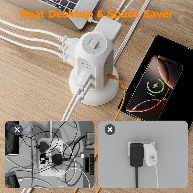 TESSAN Tower Power Strip Flat Plug with 1050J Surge Protection, 5 Ft, Black | 11 Outlets 3 USB (1 USB C), Surge Protector Power Tower, Retractable Extension Cord with Multiple Outlets for Dorm, Office