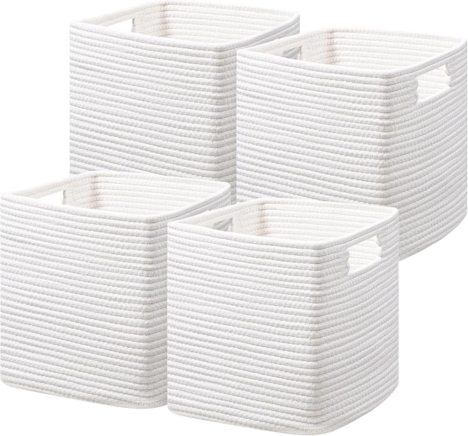 UBBCARE Set of 4 Cotton Rope Basket 12 X 12 X 12 Inches, Woven Storage Baskets for Shelves, Organizing with Handles, Cube Storage Bins for Storage Books, Magazines, White