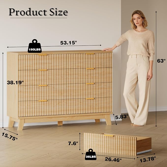 BORNOON 53" Wide Dresser for Bedroom, 8-Drawer Fluted Chest of Drawers, Modern Wood Highboy with Metal Slides and Handles, Anti-Tip Kit, Vertical Clothes Storage Organizer for Apartment, Closet
