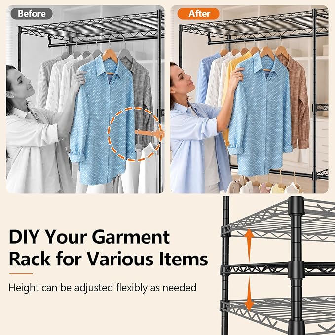 Heavy Duty Clothes Rack, Portable Clothing Garment Rack for Hanging Clothes, Adjustable Storage Closet with Wire Shelves and Hanging Rods, Freestanding Closet Organizer, Max Load 700Lbs, Black