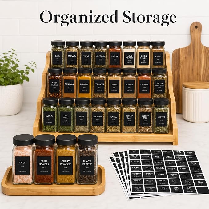 372 Pcs Spice Labels Spice Jar Labels Preprinted Label - Black Waterproof Stickers for Kitchen Dinning Spices Jars Seasoning Label for Pantry Organization (Jars NOT Included)