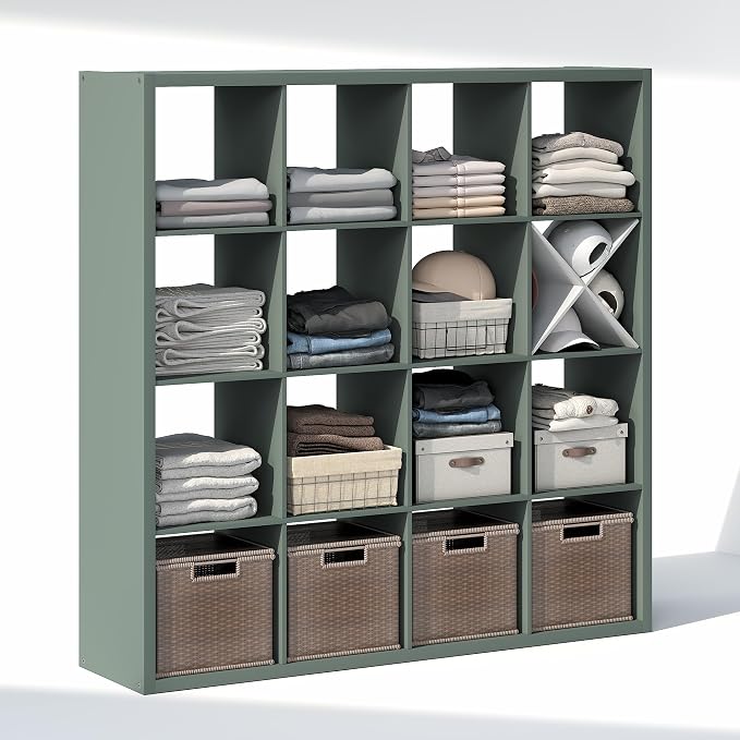 Furinno Cubic Extra Thick 16-Cube Closet Organizers and Storage, Sage Green | 14.6 x 58 x 58 in, Open Shelf Closet Storage, Closet Organizer, for Wardrobe, Bedroom, Living Room