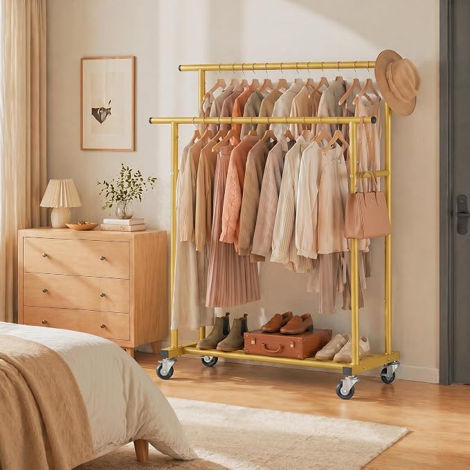 Calmootey Rolling Garment Rack with 2 Rods, Clothes Organizer for Bedroom | High-Low Rods, Two Lockable Wheels, Sturdy Metal Frame, Space-Saving, Fits Laundry, Living Room, Gold