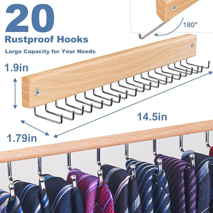 Belt and Tie Organizer for Closet, Tie and Belt Rack Wall Mounted with 20 Storage Hooks, Non Slip 180 Degree Rotating Tie Holder Belt Hanger for Closet/Wall Mount