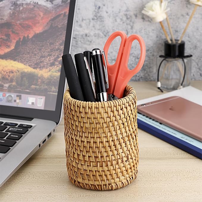 BTSKY Rattan Pen Cup, Handmade Desk Pencil Holders Makeup Brush Holder Multi-Functional Woven Basket Office&Home Desktop Organizer(Cylinder)