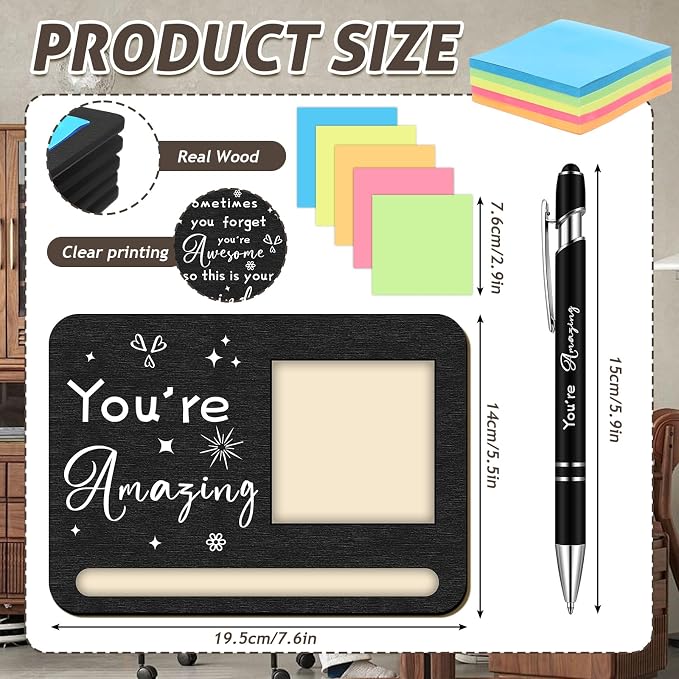 Kosiz 10 Set Back to School Teacher Gifts Wooden Sticky Note Holder with Notes and Ballpoint Pens Inspirational Sticky Notes Set for Teacher Back to School Thank You Gifts, Black