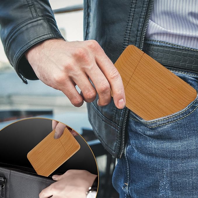 Wood Business Card Holder Wooden Magnetic Business Card Case Portable Simple (Cherry)