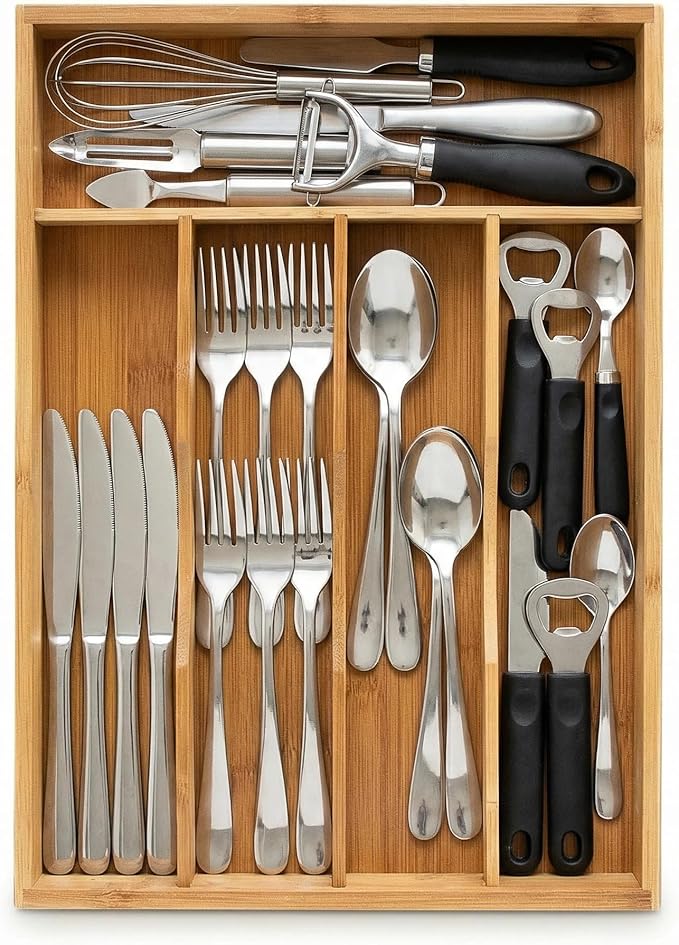 Bamboo Drawer Organizer - Kitchen Utensil Holder, 5 Slots Silverware Drawer Organization, Kitchen Wooden Tray for Cutlery, Flatware & Stationery - Natural
