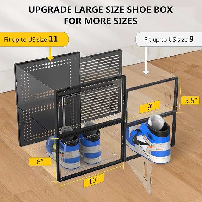Snaxo 12 Pack X-Large Clear Shoe Storage Boxes, Stackable Modular Plastic Shoe Organizer Front-Opening Door, Ventilated Dust-Proof Sneaker Display Cases Closet and Entryway, Black