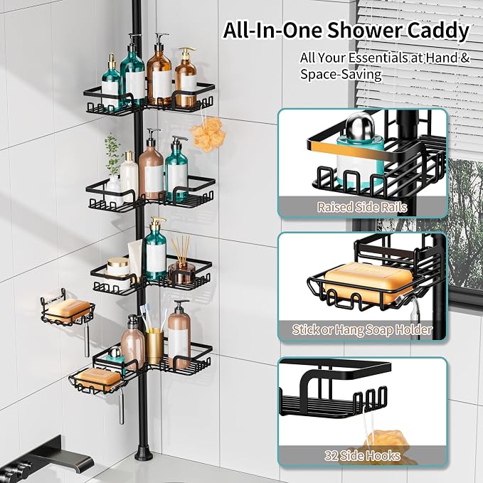 KEGII Corner Shower Caddy Tension Pole, Stainless Steel Shower Organizer | 32 Hooks & 2-in-1 Soap Holders, Adjustable 25–114.2 Inch, Rustproof Bathroom Storage Rack for Families and Renters, Black