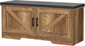 HOMSHO Farmhouse Shoe Storage Bench with 2 Barn Doors & Padded Seat Cushion | 39.4" Wide Entryway Bench with Adjustable Shelves & Hidden Storage, Rustic Walnut